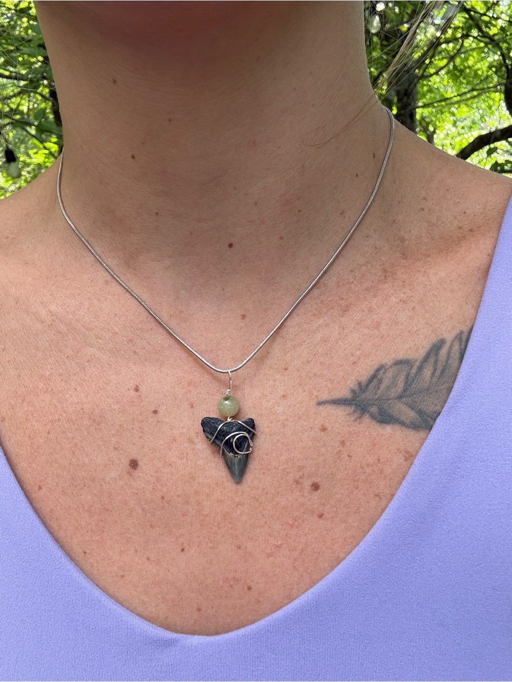 Wave Wire-Wrapped Handmade Shark Tooth Necklace with Accent Bead